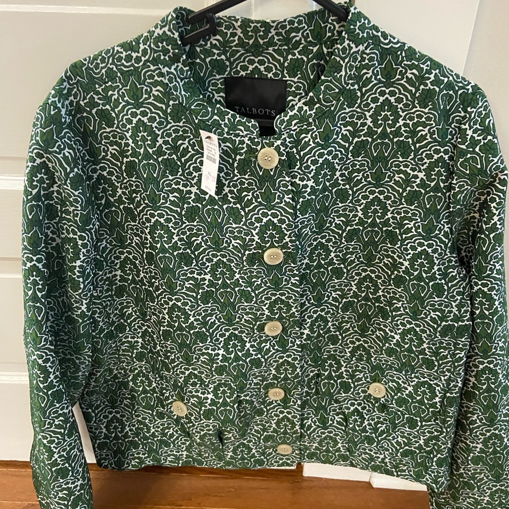 Talbots Green and White Printed Button Jacket